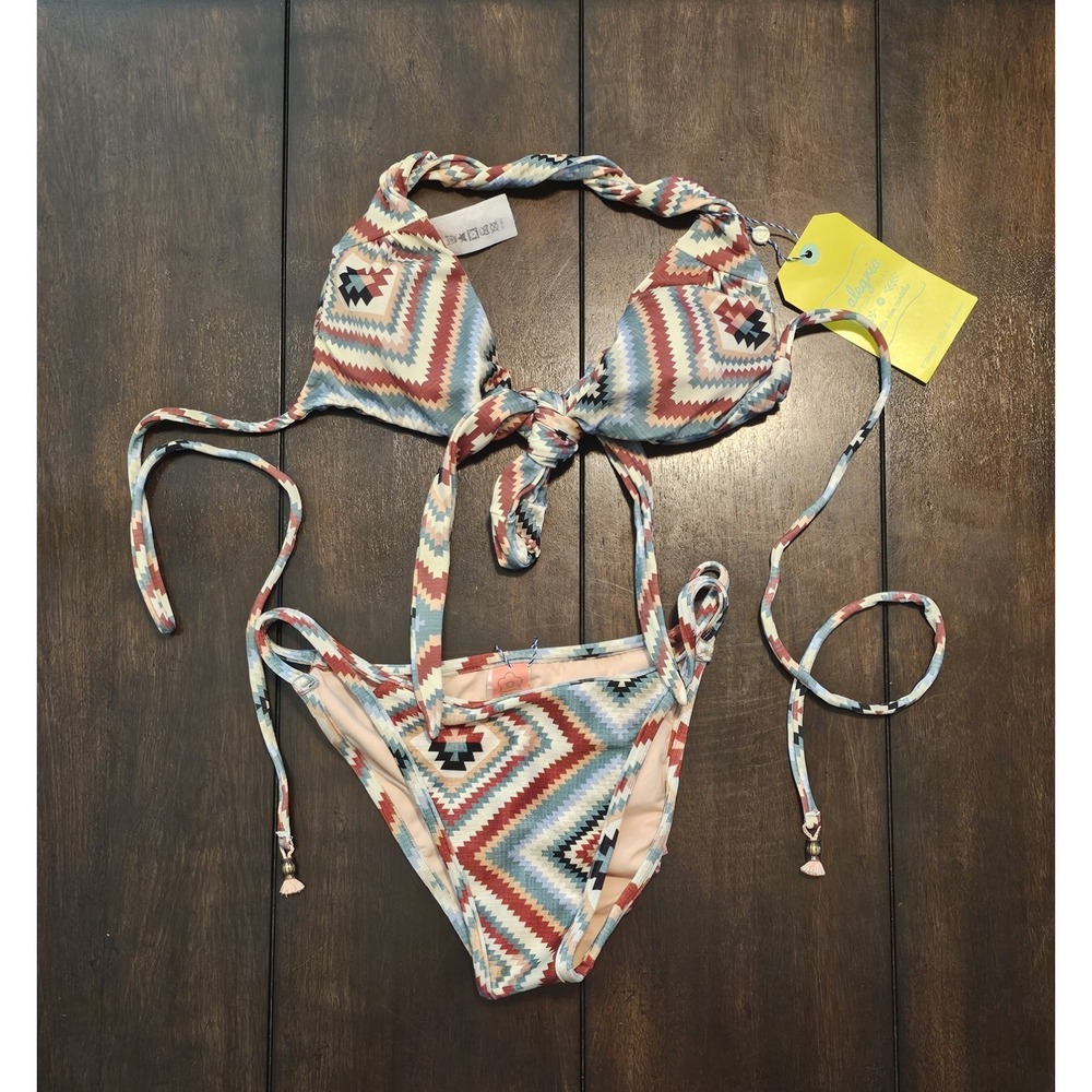 Farm Rio Aztec Print Bikini Swimsuit P Women's XS Bow Front Tassel Ties